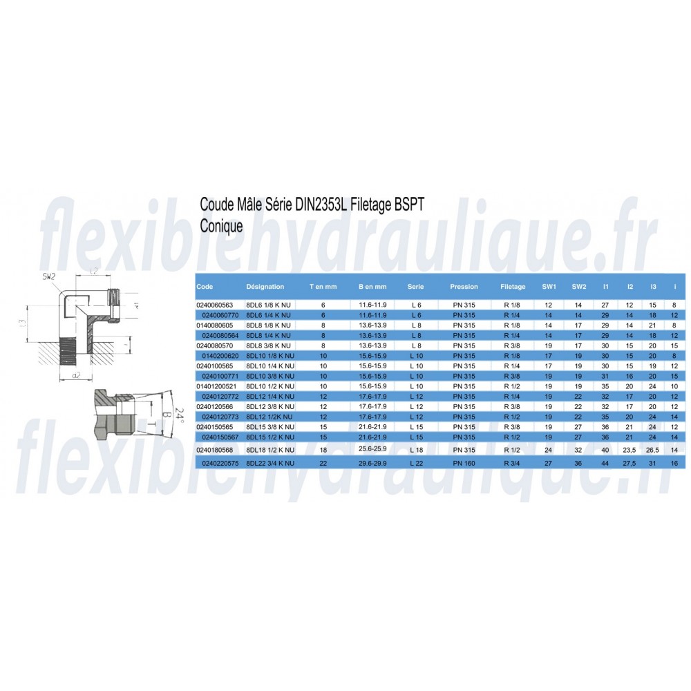 8DL12 1/4 Co NU - Coude Mâle 12L 8x13Fiche Technique