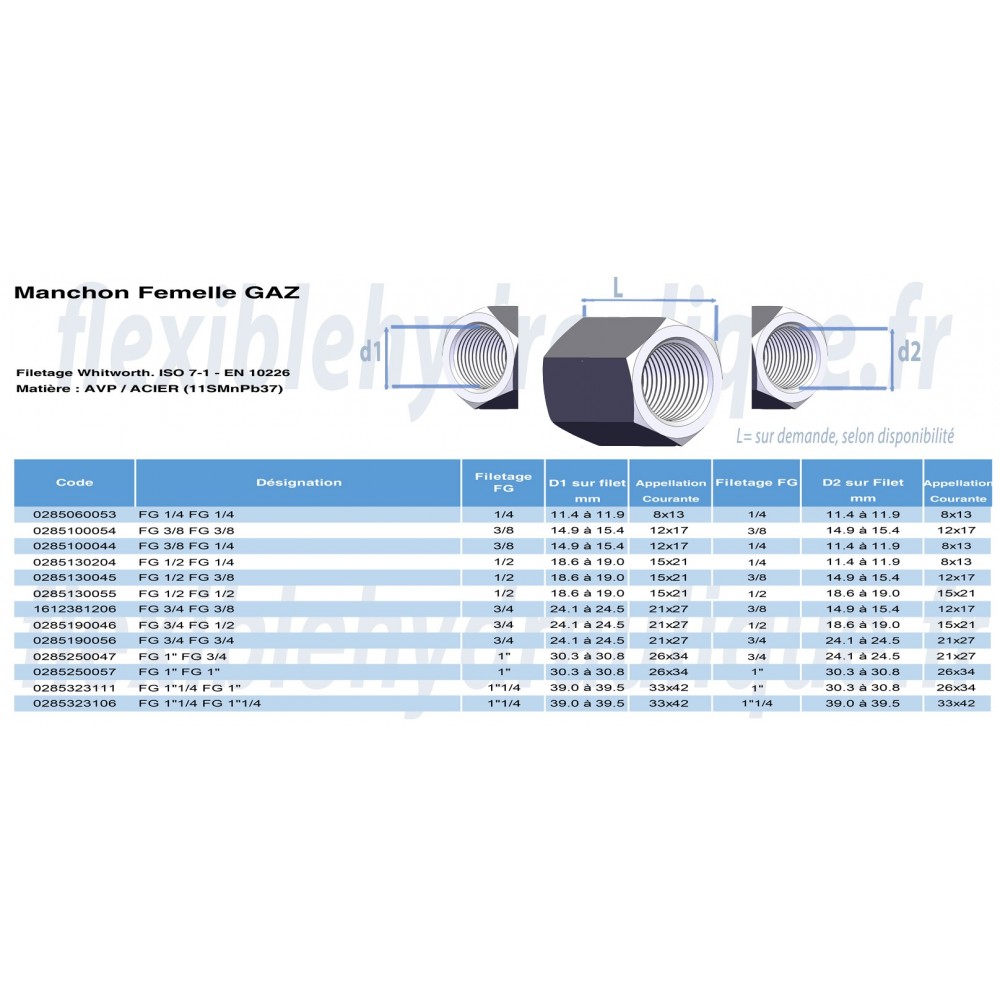 Manchon Femelle Gaz Cylindrique 3/8 x Femelle Gaz Cylindrique 3/8Fiche Technique